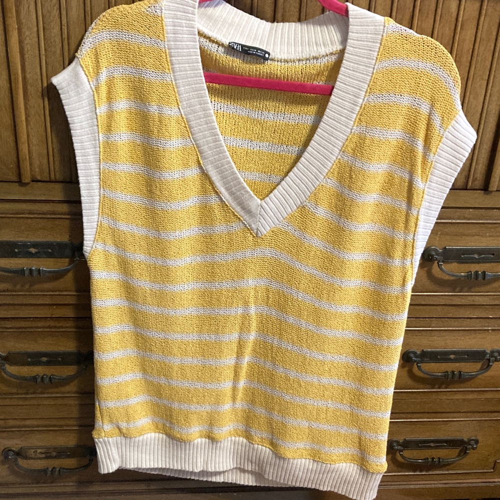 Zara Oversized Yellow Stripe V-Neck Knit Vest
